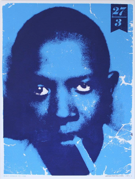 A stylized, monochromatic blue screen print portrays a short-haired youth facing the viewer. A black flag with 27 over 3 is in the top right corner. This work is part of a signed and numbered edition by Robert Johnson for Lastleaf Printing.