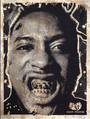A stylized, high-contrast portrait of a wide-eyed person with metal-capped teeth is enveloped in grunge texture. DIRTY FOREVER and a small mask logo are on the bottom right. This exclusive SHT! screen print is signed, numbered, and limited to 20 editions.