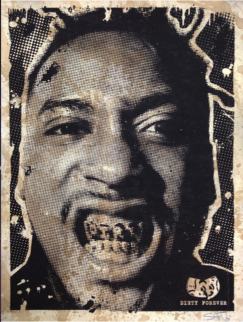 A stylized, high-contrast portrait of a wide-eyed person with metal-capped teeth is enveloped in grunge texture. DIRTY FOREVER and a small mask logo are on the bottom right. This exclusive SHT! screen print is signed, numbered, and limited to 20 editions.