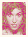 A signed and numbered Tim Jordan portrait evokes Amy Winehouses iconic style using pink and yellow hues with abstract patterns. With a halftone effect, it offers the unique charm of an alluring screen print.