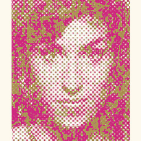A signed and numbered Tim Jordan portrait evokes Amy Winehouses iconic style using pink and yellow hues with abstract patterns. With a halftone effect, it offers the unique charm of an alluring screen print.