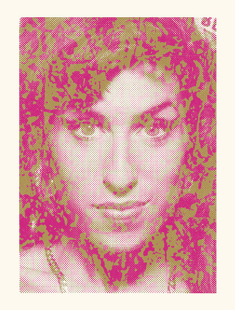 A signed and numbered Tim Jordan portrait evokes Amy Winehouses iconic style using pink and yellow hues with abstract patterns. With a halftone effect, it offers the unique charm of an alluring screen print.