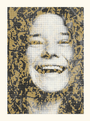A Tim Jordan pop art-style portrait features a smiling person with wavy hair akin to Janis Joplin. The image resembles a screen print, made of dots in gold and black, creating a textured and layered look.