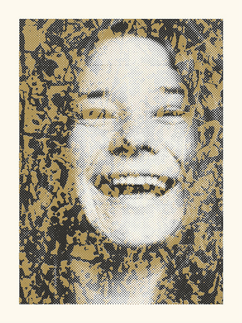 A Tim Jordan pop art-style portrait features a smiling person with wavy hair akin to Janis Joplin. The image resembles a screen print, made of dots in gold and black, creating a textured and layered look.