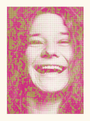 Tim Jordans stylized pop art features a person with curly hair and a broad smile, evoking Janis Joplin vibes, with vibrant pink and yellow dot patterns for a retro feel.