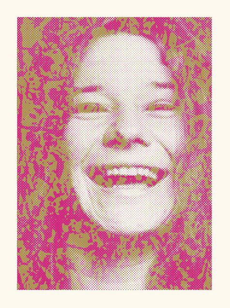 Tim Jordans stylized pop art features a person with curly hair and a broad smile, evoking Janis Joplin vibes, with vibrant pink and yellow dot patterns for a retro feel.