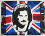 A Punchgut screen print showcases a mustachioed man wearing a crown against a worn British flag, featuring bold blue, red, black, and white colors with the text God Save the Queen.