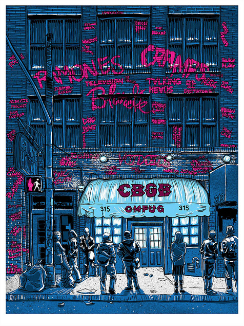 Tim Doyles signed and numbered screen print features a stylized illustration of the iconic CBGB club facade at night, with blue tones and red graffiti of band names like Ramones and Blondie. People gather beneath an OMFUG sign.