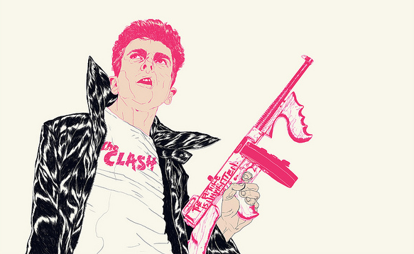Illustrated image of a punk-styled person wearing a The Clash shirt and a patterned jacket, wielding an exaggerated gun. This boneface screen print pays tribute to Joe Strummer’s era using a limited palette of black, white, and pink.
