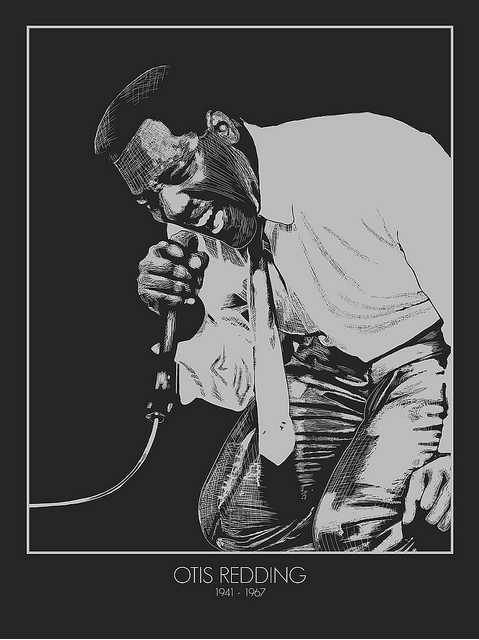 A screen print by New Flesh shows a man in a shirt and tie kneeling and passionately singing into a microphone. The dark background features Otis Redding with the years 1941-1967, capturing his soulful essence.