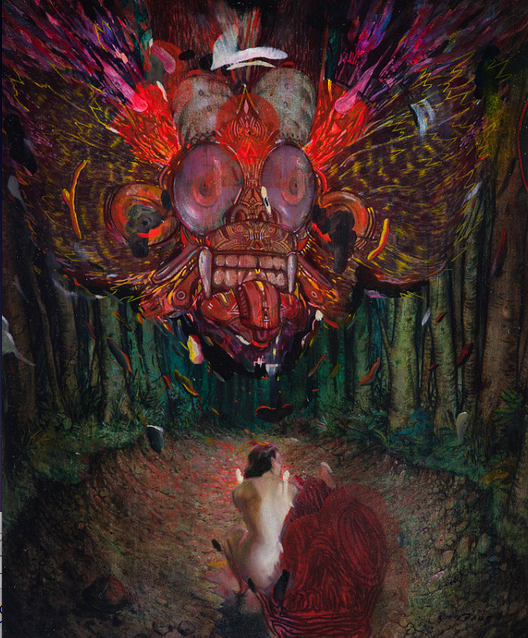 Vision II by Cam Floyd, part of the Spoke Art Gallery, showcases a vivid insect-like creature with an ornate face looming over a frightened man beside an overturned chair in a feather-filled forest scene.