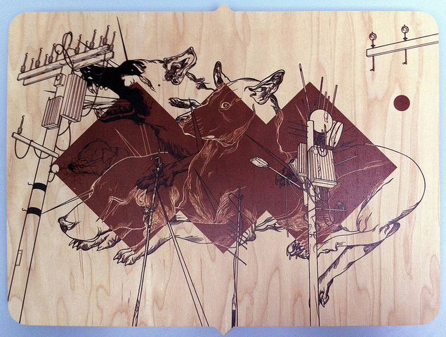 Abstract artwork by João Ruas on wood depicts two dogs, reminiscent of Cerebus, intertwined with geometric shapes and power lines. The intricate layers blend natural and industrial elements, reflecting the style showcased at Spoke Art Gallery.
