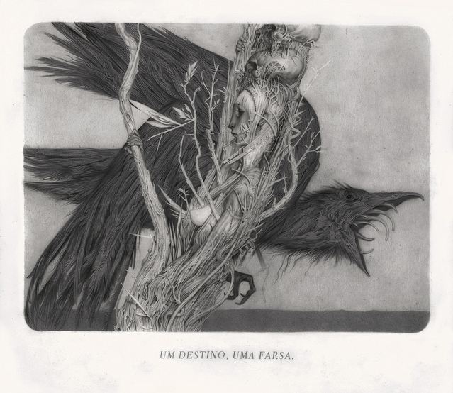 This João Ruas black and white artwork, using pencil on paper, depicts a surreal scene of a humanoid intertwined with branches and crow, wearing a headdress. Displayed in an art gallery, it features the words Um Destino, Uma Farsa.