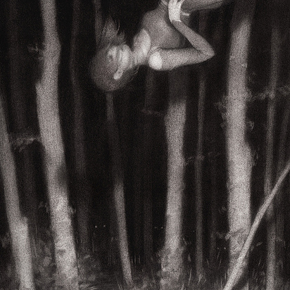 A black and white image, conjuring Sam Wolfe Connellys style, shows a person floating sideways in a shadowy forest. Slender tree trunks and dense undergrowth create an ethereal ambiance, like graphite on paper, with the flowing dress enhancing the surreal vibe.