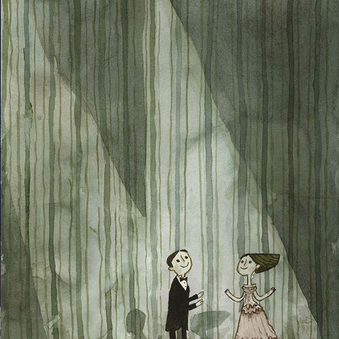 A Scott C. painting shows a formally dressed couple dancing under a spotlight against a dark, striped backdrop, creating mystery. A small skull in the left corner adds to the eerie vibe, making it ideal for an art gallery display.