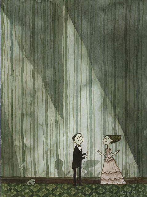 A Scott C. painting shows a formally dressed couple dancing under a spotlight against a dark, striped backdrop, creating mystery. A small skull in the left corner adds to the eerie vibe, making it ideal for an art gallery display.