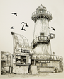 A black and white illustration by Tim Doyle features a lighthouse alongside a prominent banana-shaped stand labeled Bluths Original Frozen Banana, with birds soaring above, capturing the whimsical essence often showcased at Spoke Art Gallery.