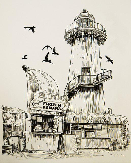 A black and white illustration by Tim Doyle features a lighthouse alongside a prominent banana-shaped stand labeled Bluths Original Frozen Banana, with birds soaring above, capturing the whimsical essence often showcased at Spoke Art Gallery.