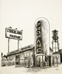 A graphite and pen illustration of Strickland Propane features a large propane tank, building sign, delivery truck, and Arlens water tower. The detailed sketch style reflects Tim Doyles artistry.