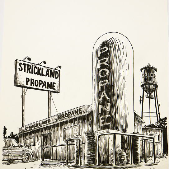 A graphite and pen illustration of Strickland Propane features a large propane tank, building sign, delivery truck, and Arlens water tower. The detailed sketch style reflects Tim Doyles artistry.