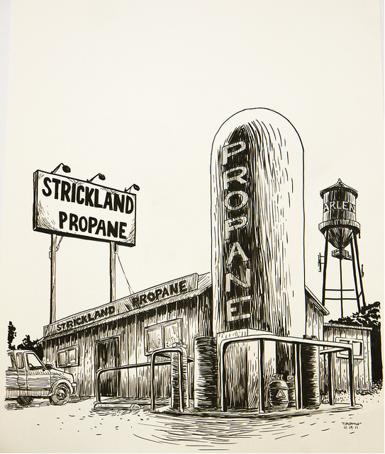 A graphite and pen illustration of Strickland Propane features a large propane tank, building sign, delivery truck, and Arlens water tower. The detailed sketch style reflects Tim Doyles artistry.