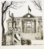 This black and white illustration by Tim Doyle shows a courthouse with a clock, flag, and seated statue holding an object. Crafted in graphite and pen on paper, its framed by leafless trees and features a No Parking sign.