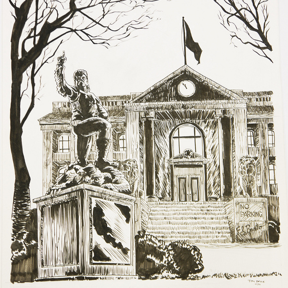 This black and white illustration by Tim Doyle shows a courthouse with a clock, flag, and seated statue holding an object. Crafted in graphite and pen on paper, its framed by leafless trees and features a No Parking sign.