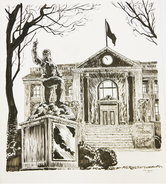 This black and white illustration by Tim Doyle shows a courthouse with a clock, flag, and seated statue holding an object. Crafted in graphite and pen on paper, its framed by leafless trees and features a No Parking sign.