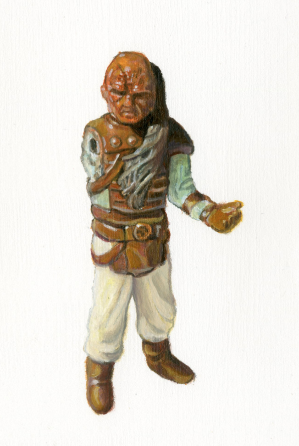 A detailed painting by Allan Innman of a small, bald Weequay figure in brown armor vest, white pants, and brown boots on a white background. The realistic style features the Weequays extended left arm and stern expression with subtle oil on paper shading.