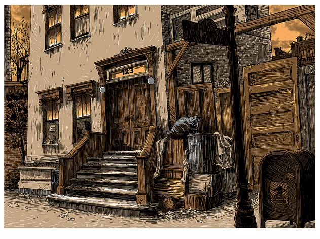 A dimly lit urban street, echoing a Tim Doyle screen print, features building 123. Stone steps lead to a door from the Nest of Doors series. A cat perches on a trash can by the streetlamp under an overcast brown sky, enhancing the moody ambiance.