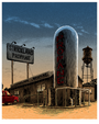 A propane business at sunset, depicted in a Tim Doyle screenprint style, showcases a large propane tank, a sign labeled Strickland Propane, a small red truck, and a distant water tower under a twilight sky.