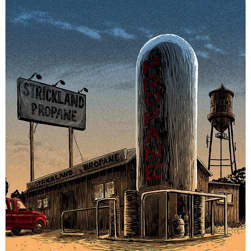 A propane business at sunset, depicted in a Tim Doyle screenprint style, showcases a large propane tank, a sign labeled Strickland Propane, a small red truck, and a distant water tower under a twilight sky.