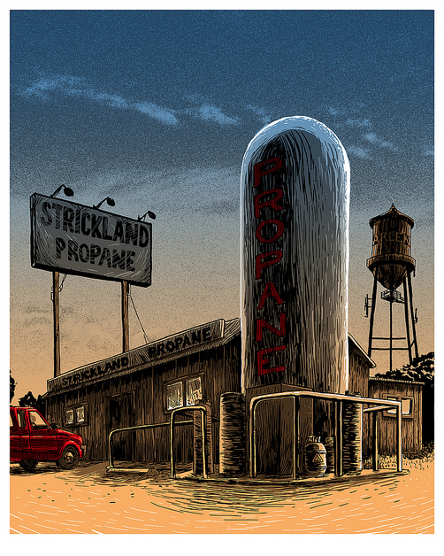 A propane business at sunset, depicted in a Tim Doyle screenprint style, showcases a large propane tank, a sign labeled Strickland Propane, a small red truck, and a distant water tower under a twilight sky.