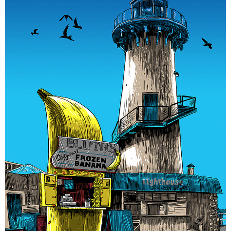 A vintage, whimsical scene resembles a Tim Doyle screen print, featuring a lighthouse with a banana-shaped stand labeled Bluths Frozen Banana—10 Cents Gets You Nuts, while birds fly in the clear blue sky.
