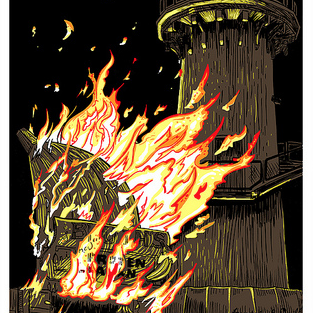 A Tim Doyle illustration features a lighthouse at night, with detailed flames consuming a nearby wooden structure. The glow-in-the-dark scene is illuminated by vivid yellow and orange fire like a screen print, contrasting with the lighthouses dark silhouette against the sky.