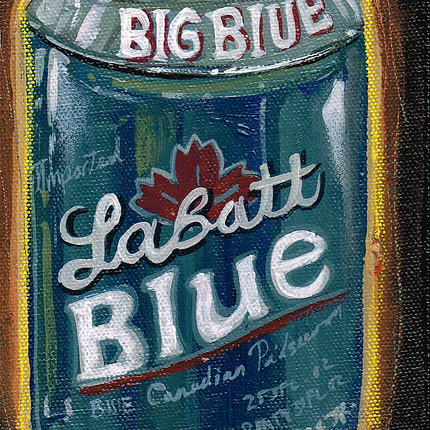 This illustration of a Labatt Blue beer can, labeled BIG BLUE with the maple leaf logo, embodies the spirit of Blue Canadian Pilsener. Styled like Serge Gay Jr., it features an acrylic on canvas effect with a textured, painted appearance set against a dark background.