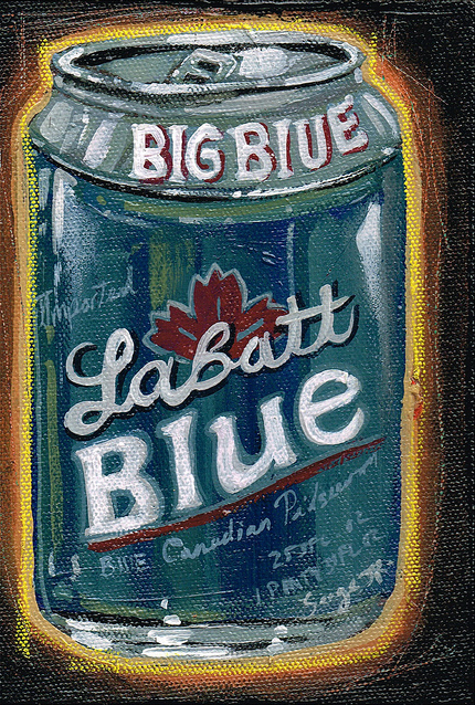 This illustration of a Labatt Blue beer can, labeled BIG BLUE with the maple leaf logo, embodies the spirit of Blue Canadian Pilsener. Styled like Serge Gay Jr., it features an acrylic on canvas effect with a textured, painted appearance set against a dark background.