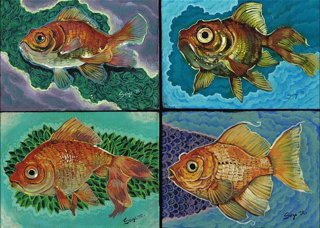 Four vibrant acrylic on canvas paintings by Serge Gay Jr. showcase goldfish in different poses, with each fish displaying unique orange and gold hues. Theyre set against abstract backdrops of greens, blues, and purples, capturing an artistic flair.