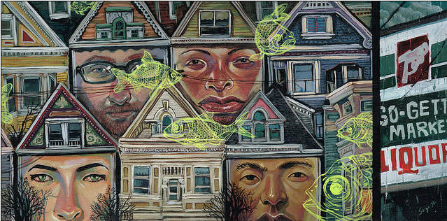 In Houses on the Hilltop, Serge Gay Jr. skillfully uses acrylic on canvas, blending faces with house facades surrounded by neon-green fish. A GO-GET MARKET sign with partially visible LIQUOR adds depth to this vibrant artwork.