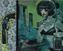 A tattooed woman in lingerie holds a whiskey bottle while smoking; ghostly blue figures float behind her. A yellow-outlined black revolver contrasts with a floral backdrop, creating a dark, moody scene by Serge Gay Jr., evoking eerie allure akin to acrylic on canvas art.