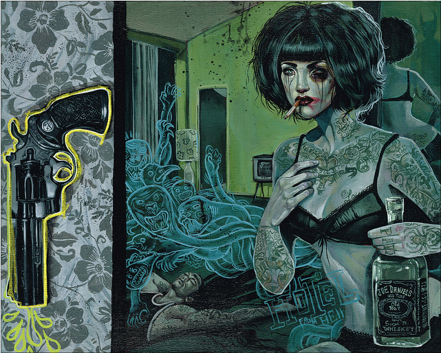 A tattooed woman in lingerie holds a whiskey bottle while smoking; ghostly blue figures float behind her. A yellow-outlined black revolver contrasts with a floral backdrop, creating a dark, moody scene by Serge Gay Jr., evoking eerie allure akin to acrylic on canvas art.
