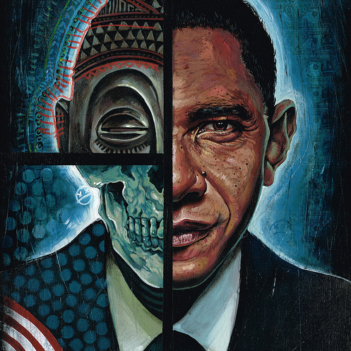 This Serge Gay Jr. acrylic painting shows a mans face split into three segments: one with a tribal mask, another with a skull, and the third in a suit and tie. The piece is accentuated by a blue glow in the background, showcasing Serge Gay Jr.s dynamic style.