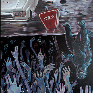 Acrylic canvas painting in Serge Gay Jr. style: chaotic scene with a flooded street, submerged cars, giant wave, reaching hands with floating traffic sign and crocodile, panel of faces below against a large red sun.