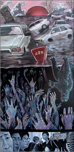 Acrylic canvas painting in Serge Gay Jr. style: chaotic scene with a flooded street, submerged cars, giant wave, reaching hands with floating traffic sign and crocodile, panel of faces below against a large red sun.