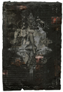 The piece is a weathered parchment with abstract, mystical artwork reminiscent of Handiedans style, featuring intertwined figures with intricate patterns and script. Dark tones prevail, accented by red and orange highlights that emphasize the mixed media details.