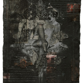 The piece is a weathered parchment with abstract, mystical artwork reminiscent of Handiedans style, featuring intertwined figures with intricate patterns and script. Dark tones prevail, accented by red and orange highlights that emphasize the mixed media details.