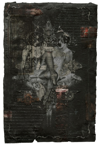 The piece is a weathered parchment with abstract, mystical artwork reminiscent of Handiedans style, featuring intertwined figures with intricate patterns and script. Dark tones prevail, accented by red and orange highlights that emphasize the mixed media details.