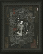 Handiedans Broken Geisha No. 3 is an ornate framed artwork showcasing a gothic-style illustration with intricate patterns and mythical elements, using a dark palette of silver and black tones in a mixed media format.