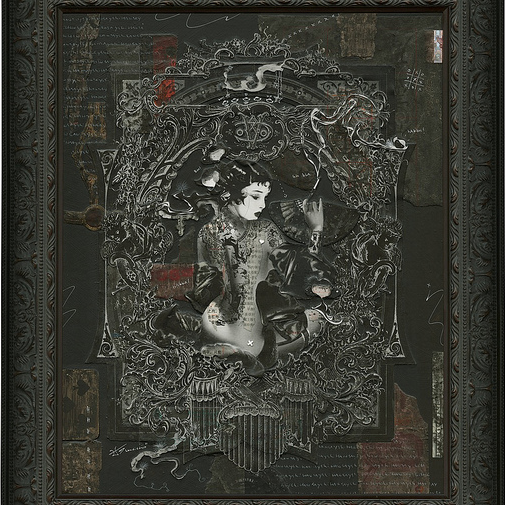 Handiedans Broken Geisha No. 3 is an ornate framed artwork showcasing a gothic-style illustration with intricate patterns and mythical elements, using a dark palette of silver and black tones in a mixed media format.