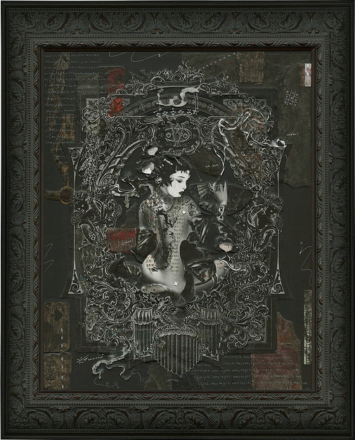 Handiedans Broken Geisha No. 3 is an ornate framed artwork showcasing a gothic-style illustration with intricate patterns and mythical elements, using a dark palette of silver and black tones in a mixed media format.